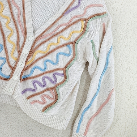 Vtg Silk Focus Cardigan Wmn M Sweater White Button Up Pastel Knit Embellishments - Picture 6 of 14